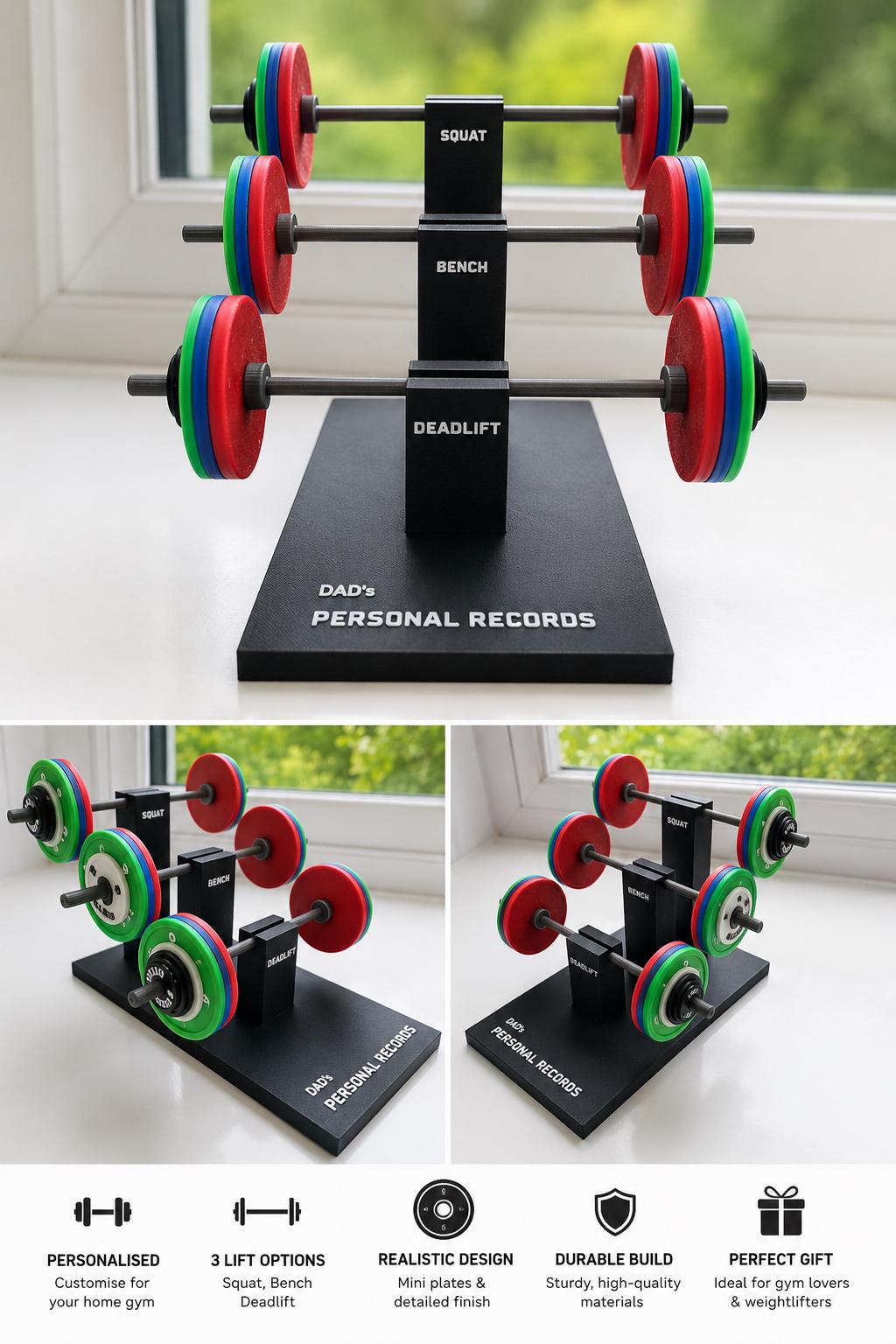 Personalised Powerlifting PR Display | Custom Gym Gift for Dad | Squat Bench Deadlift Stand | 3D Printed Decor